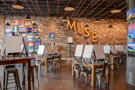 Muse paint bar - Big Splash. 12:00-1:30 PM Join us for a 90 minute painting session! Simplistic Sunset. 3:00-5:00 PM Join our artist instructors as they take you step-by-step through this masterpiece, no art experience required! Central Park. 6:30-8:30 PM Grab a brush and take a stroll through one of the most iconic parks in the world!